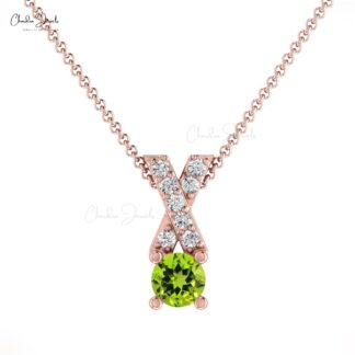 Criss Cros Diamond Pendant In 14k Real Gold Peridot August Birthstone Prong Set Necklace