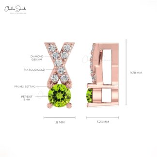 Criss Cros Diamond Pendant In 14k Real Gold Peridot August Birthstone Prong Set Necklace