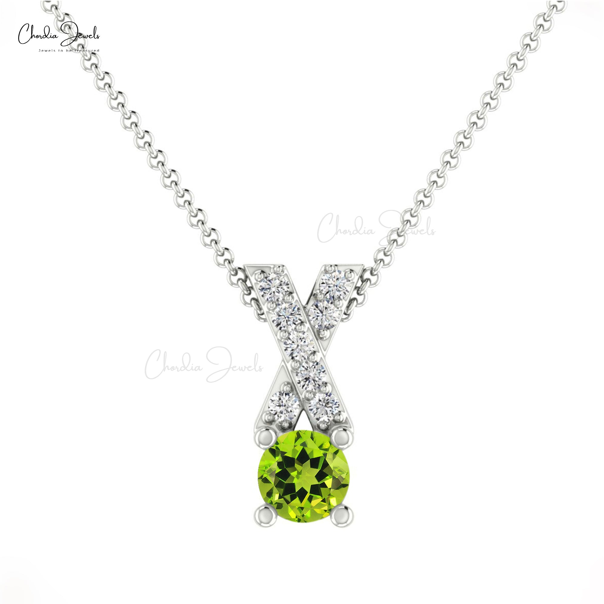 Criss Cros Diamond Pendant In 14k Real Gold Peridot August Birthstone Prong Set Necklace