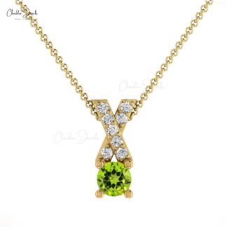 Criss Cros Diamond Pendant In 14k Real Gold Peridot August Birthstone Prong Set Necklace