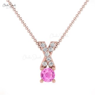 Dual Birthstone Charm With 5mm Pink Sapphire And Diamond Cross Pendant In 14k Real Gold