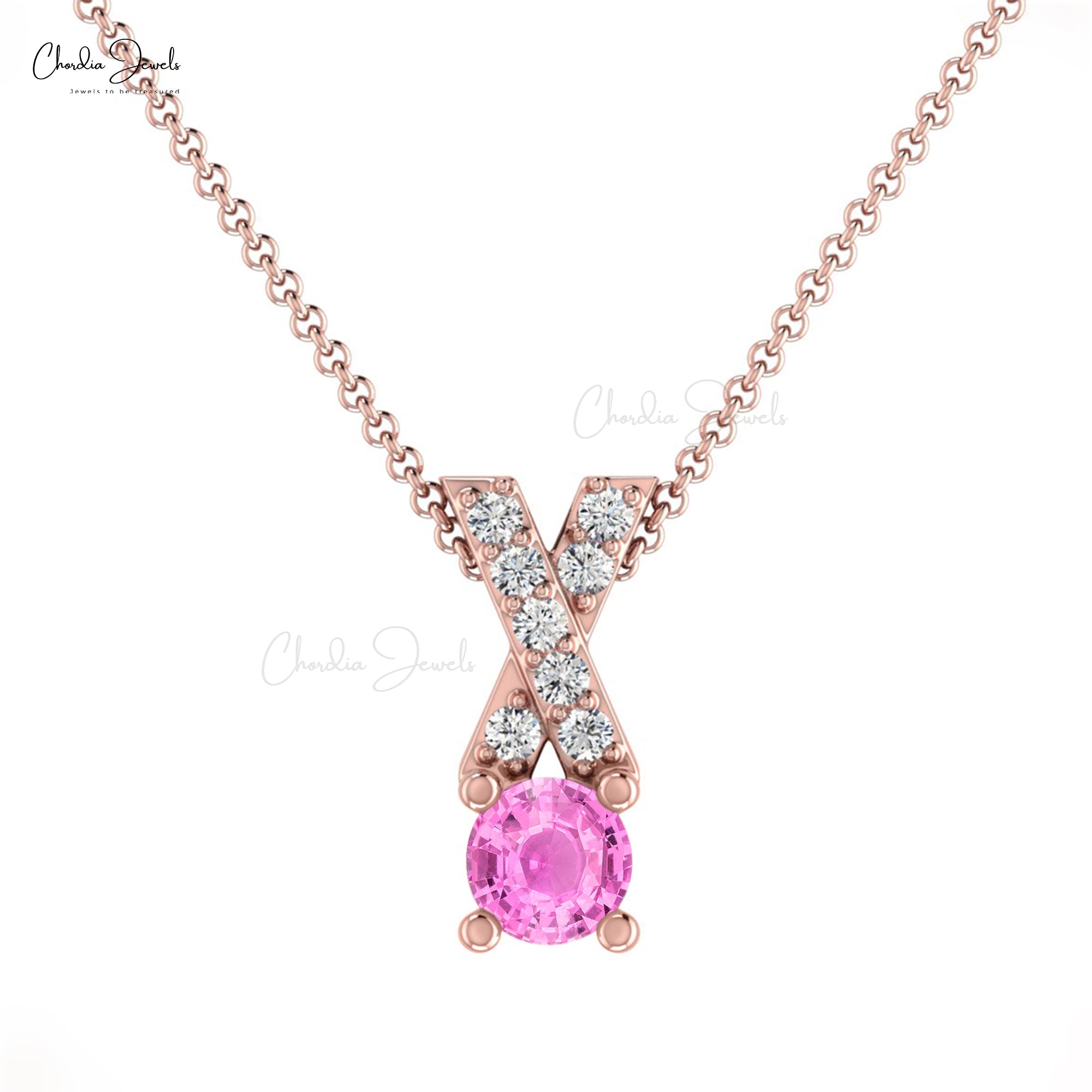 Dual Birthstone Charm With 5mm Pink Sapphire And Diamond Cross Pendant In 14k Real Gold