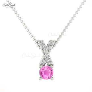 Dual Birthstone Charm With 5mm Pink Sapphire And Diamond Cross Pendant In 14k Real Gold