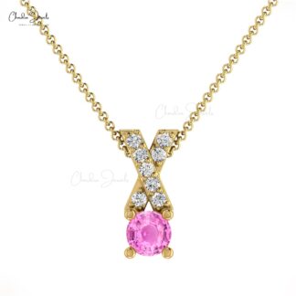 Dual Birthstone Charm With 5mm Pink Sapphire And Diamond Cross Pendant In 14k Real Gold
