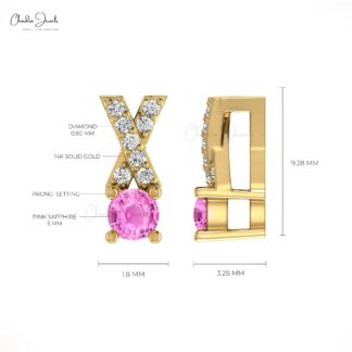 Dual Birthstone Charm With 5mm Pink Sapphire And Diamond Cross Pendant In 14k Real Gold