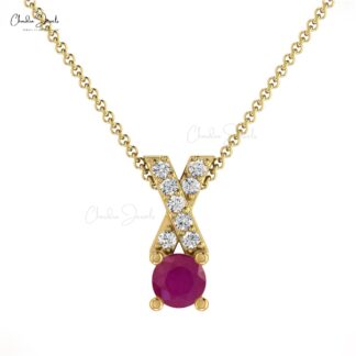 Genuine 14K Gold Ruby & Round Diamond Criss Cross Pendant