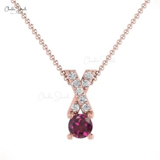 Delicate 14K Gold Rhodolite Garnet & G-H Diamond Criss Cross Pendant Necklace