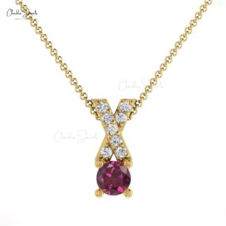 Delicate 14K Gold Rhodolite Garnet & G-H Diamond Criss Cross Pendant Necklace