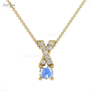 Natural Moonstone Criss Cross Pendant In 14k Solid Gold Pave Diamond Women Jewelry