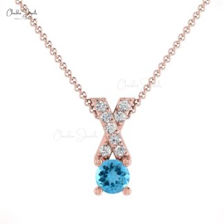 Natural Swiss Blue Topaz & White Diamond Criss Cross Pendant in 14K Gold