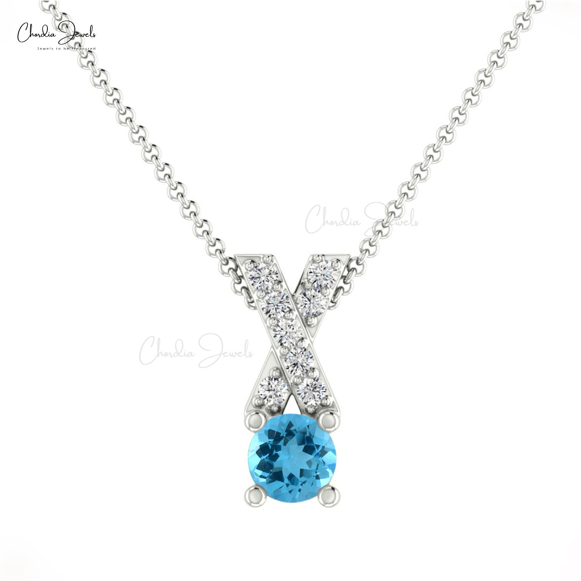Natural Swiss Blue Topaz & White Diamond Criss Cross Pendant in 14K Gold