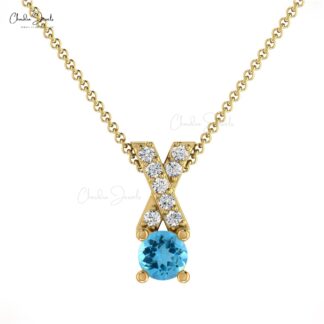 Natural Swiss Blue Topaz & White Diamond Criss Cross Pendant in 14K Gold