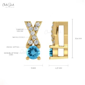 Natural Swiss Blue Topaz & White Diamond Criss Cross Pendant in 14K Gold