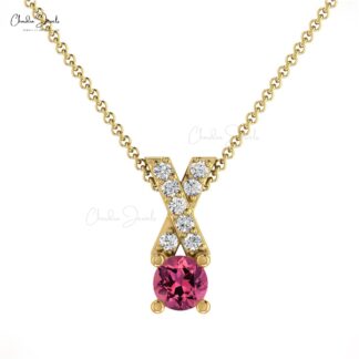 Pink Tourmaline & Diamond Criss Cross Pendant in 14K Gold October Birthstone