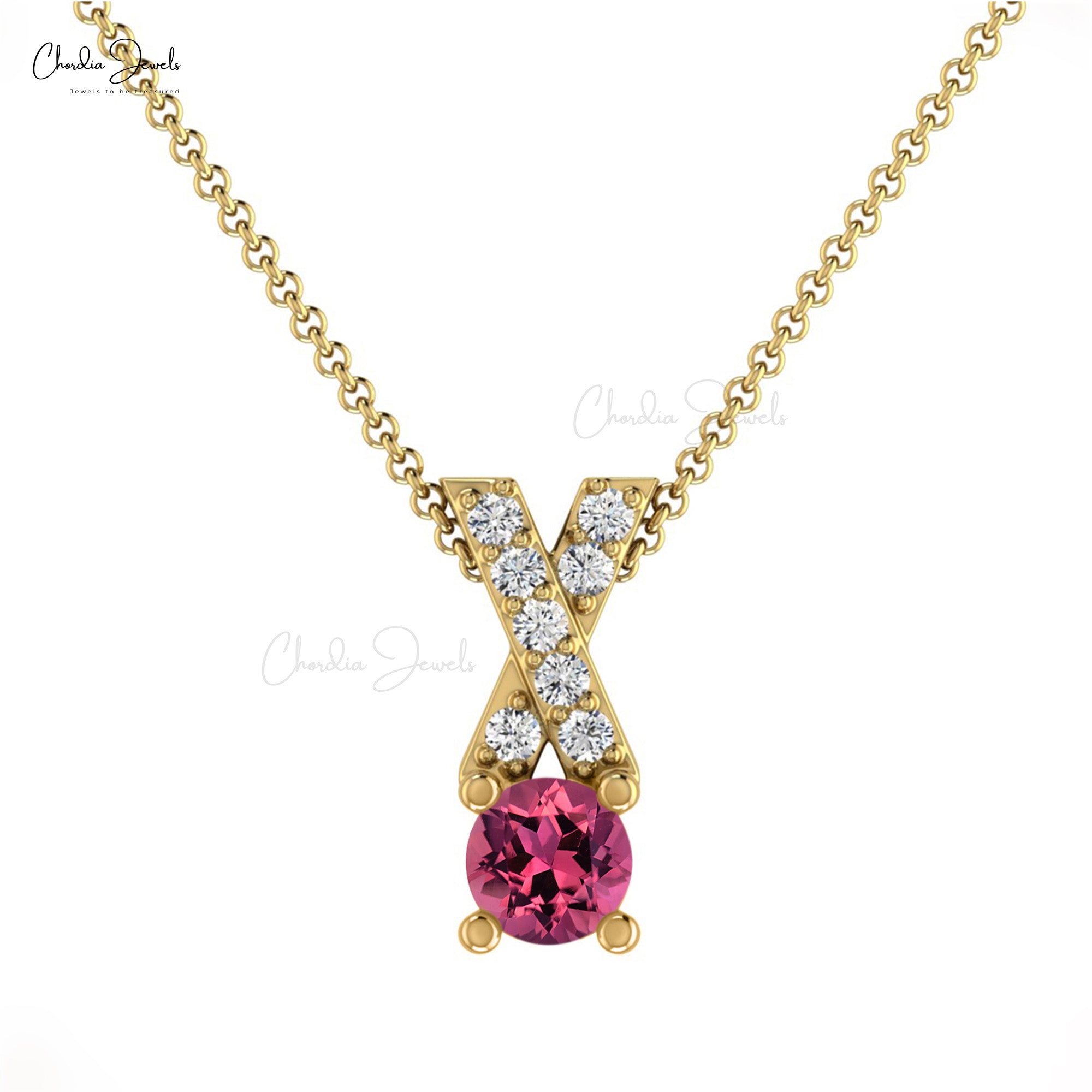 Pink Tourmaline & Diamond Criss Cross Pendant in 14K Gold October Birthstone