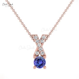 Criss Cross Women Charm In 14k Solid Gold Tanzanite 5mm Gemstone And Diamond X Pendant