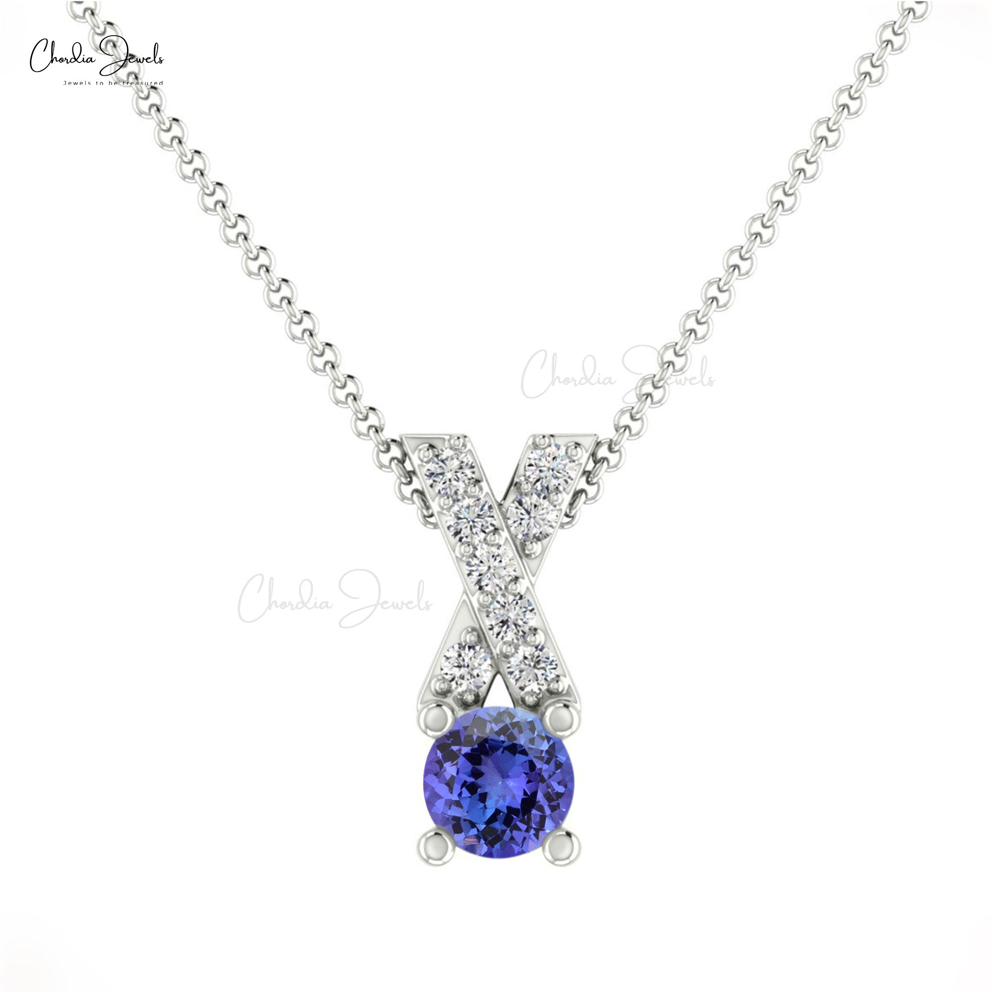 Criss Cross Women Charm In 14k Solid Gold Tanzanite 5mm Gemstone And Diamond X Pendant