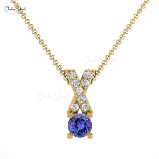 Criss Cross Women Charm In 14k Solid Gold Tanzanite 5mm Gemstone And Diamond X Pendant