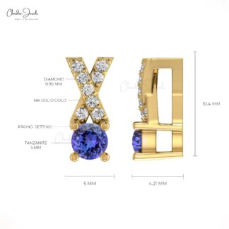 Criss Cross Women Charm In 14k Solid Gold Tanzanite 5mm Gemstone And Diamond X Pendant
