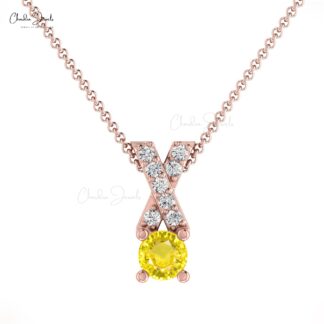 Diamond X Pendant In Solid 14k Gold Yellow Sapphire 0.45 Ct Gemstone Criss Cross Necklace
