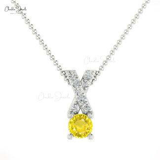 Diamond X Pendant In Solid 14k Gold Yellow Sapphire 0.45 Ct Gemstone Criss Cross Necklace
