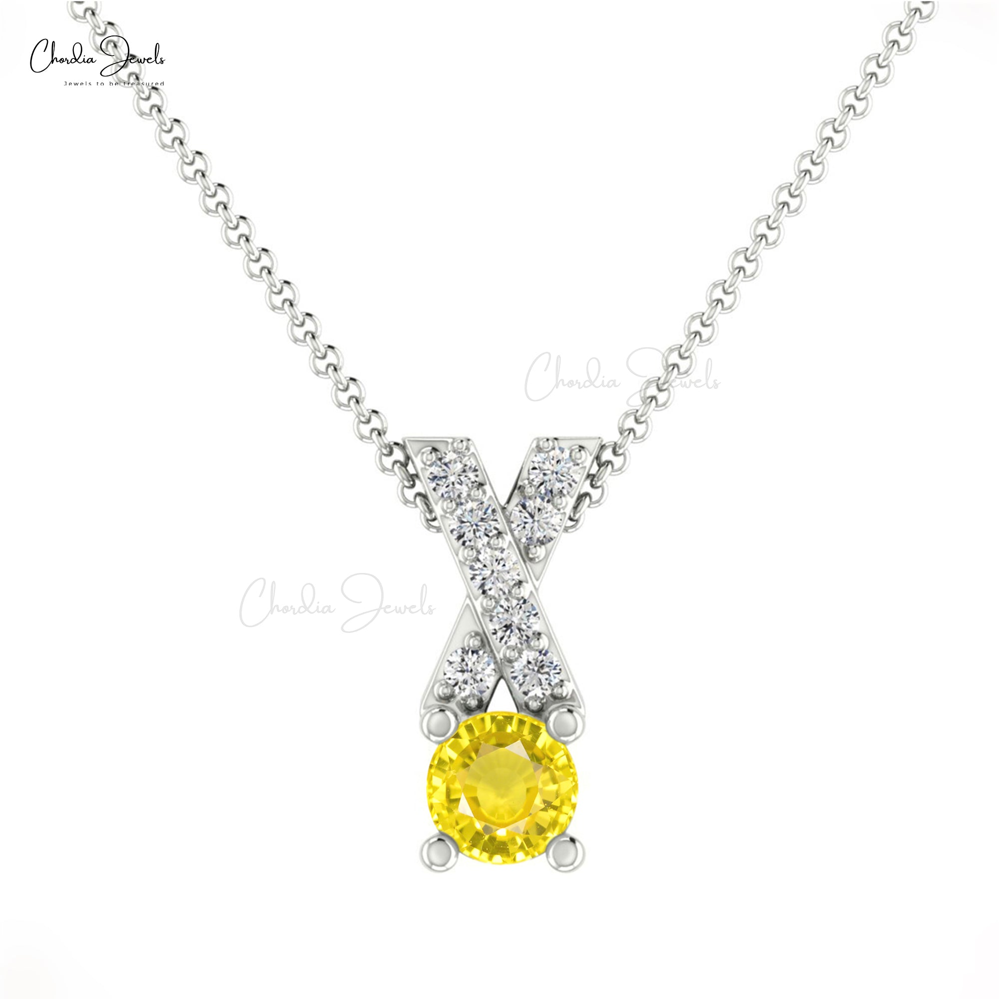 Diamond X Pendant In Solid 14k Gold Yellow Sapphire 0.45 Ct Gemstone Criss Cross Necklace