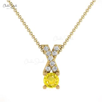 Diamond X Pendant In Solid 14k Gold Yellow Sapphire 0.45 Ct Gemstone Criss Cross Necklace
