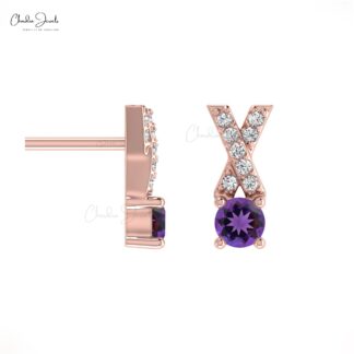 Round Diamond & Round Amethyst Criss Cross Earring In 14K Gold