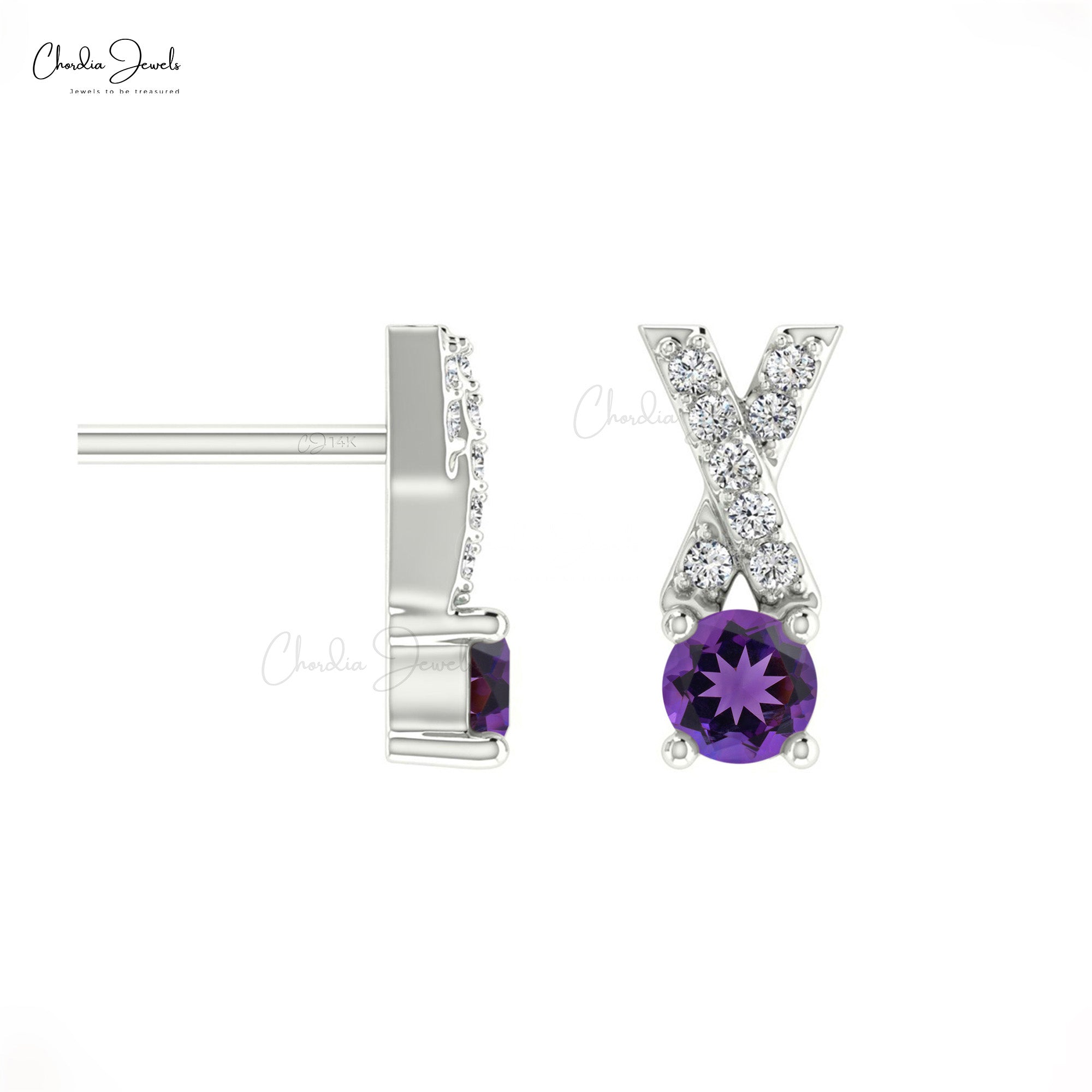 Round Diamond & Round Amethyst Criss Cross Earring In 14K Gold