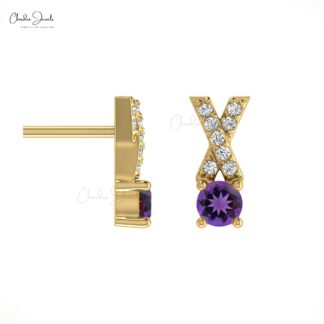 Round Diamond & Round Amethyst Criss Cross Earring In 14K Gold