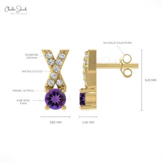 Round Diamond & Round Amethyst Criss Cross Earring In 14K Gold