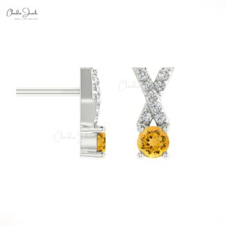 Stunning Natural Citrine Earring14k Solid Gold White Diamond Criss Cross Studs Earring 5mm Round Cut Handmade Gemstone Earrings For Women’s