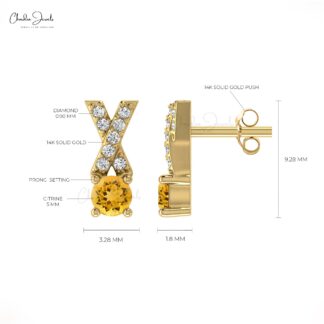 Stunning Natural Citrine Earring14k Solid Gold White Diamond Criss Cross Studs Earring 5mm Round Cut Handmade Gemstone Earrings For Women’s