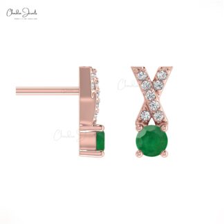 Authentic Green Emerald Criss Cross Studs 14k Real Gold Diamond Dainty Earrings