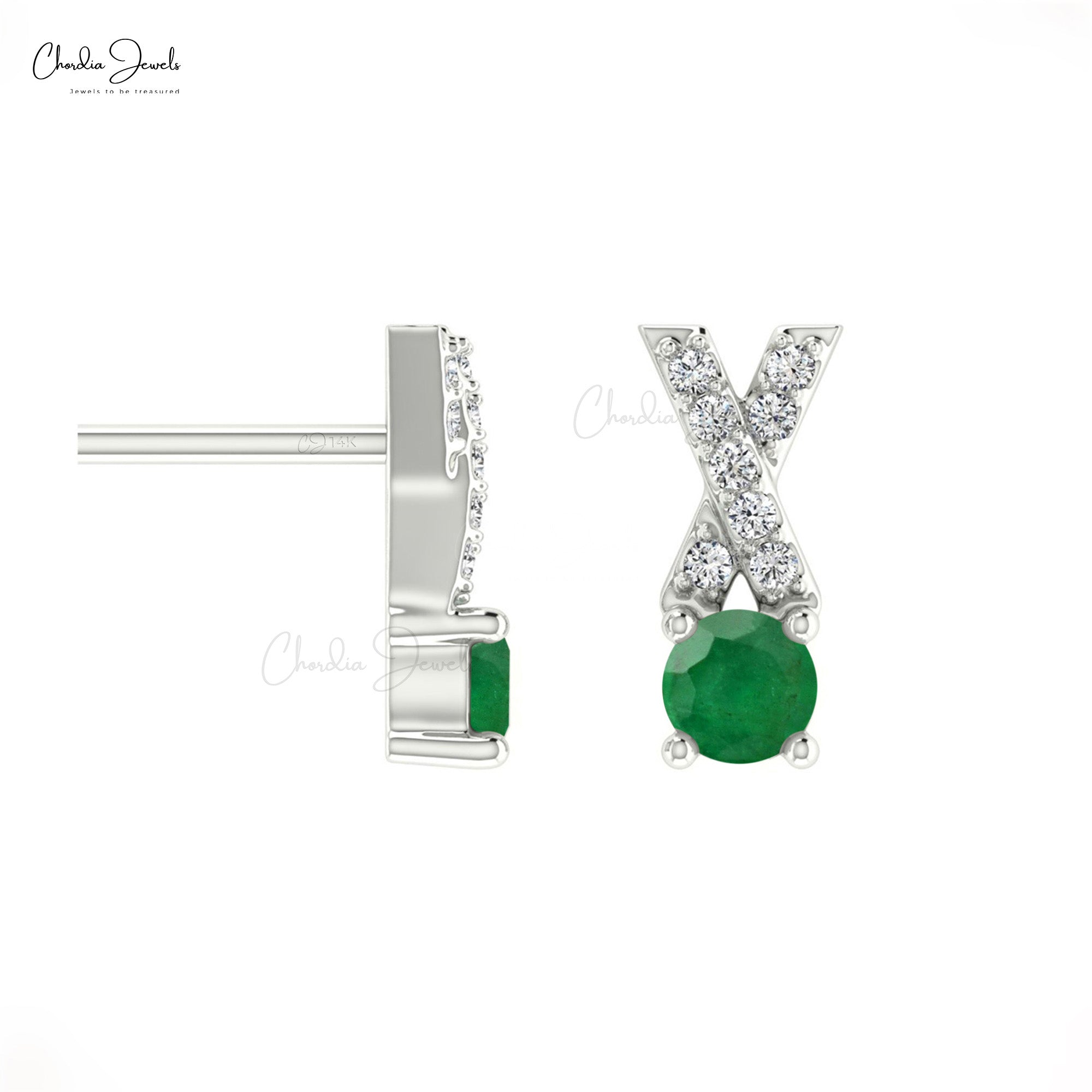 Authentic Green Emerald Criss Cross Studs 14k Real Gold Diamond Dainty Earrings
