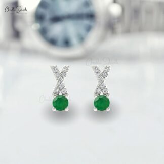 Authentic Green Emerald Criss Cross Studs 14k Real Gold Diamond Dainty Earrings