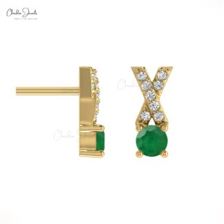 Authentic Green Emerald Criss Cross Studs 14k Real Gold Diamond Dainty Earrings