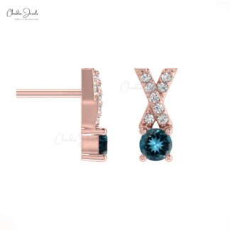 Round Cut AAA London Blue Topaz Studs Earring 14k Solid Gold With White Diamond Criss Cross Earring For Daughter