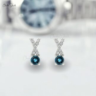 Round Cut AAA London Blue Topaz Studs Earring 14k Solid Gold With White Diamond Criss Cross Earring For Daughter