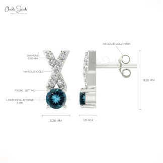 Round Cut AAA London Blue Topaz Studs Earring 14k Solid Gold With White Diamond Criss Cross Earring For Daughter