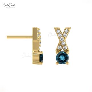 Round Cut AAA London Blue Topaz Studs Earring 14k Solid Gold With White Diamond Criss Cross Earring For Daughter