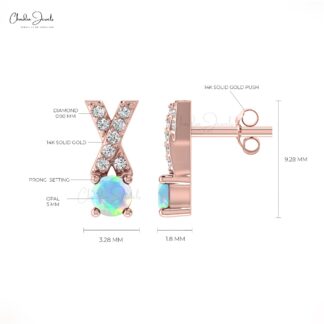Natural Ethiopian Opal Handmade Studs Earring 14k Solid Gold White Diamond Earring 5mm Round Cut Handmade Gemstone Criss Cross Earring For Women’s