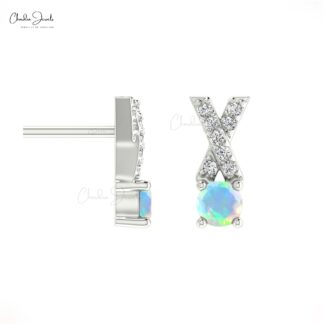 Natural Ethiopian Opal Handmade Studs Earring 14k Solid Gold White Diamond Earring 5mm Round Cut Handmade Gemstone Criss Cross Earring For Women’s