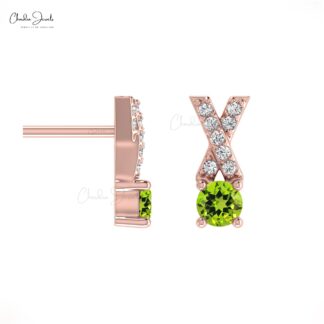 Natural Peridot Criss Cross Studs Earring 14k Solid Gold White Diamond Earring 5mm Round Cut Handmade Gemstone Earring For Anniversary Gift