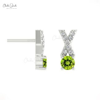 Natural Peridot Criss Cross Studs Earring 14k Solid Gold White Diamond Earring 5mm Round Cut Handmade Gemstone Earring For Anniversary Gift