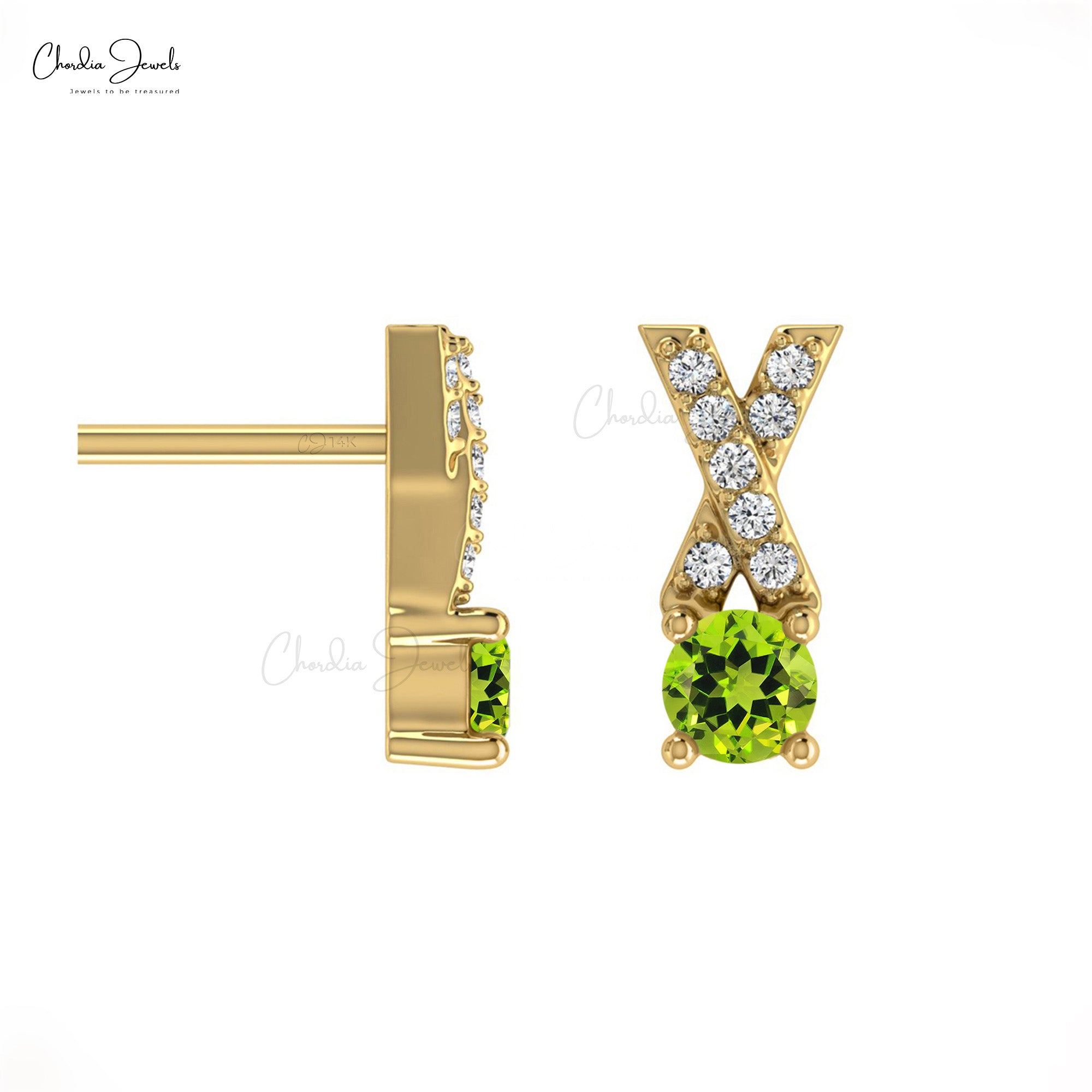 Natural Peridot Criss Cross Studs Earring 14k Solid Gold White Diamond Earring 5mm Round Cut Handmade Gemstone Earring For Anniversary Gift