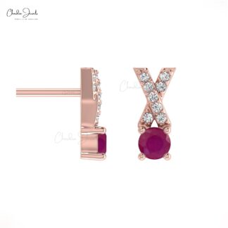 Criss Cross Red Ruby Prong Set With 14k Solid Gold X Stud Earrings For Gift