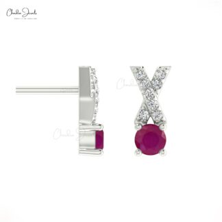 Criss Cross Red Ruby Prong Set With 14k Solid Gold X Stud Earrings For Gift