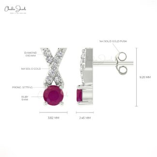 Criss Cross Red Ruby Prong Set With 14k Solid Gold X Stud Earrings For Gift