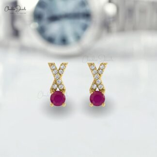 Criss Cross Red Ruby Prong Set With 14k Solid Gold X Stud Earrings For Gift